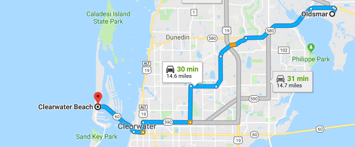oldsmar fl to clearwater beach map